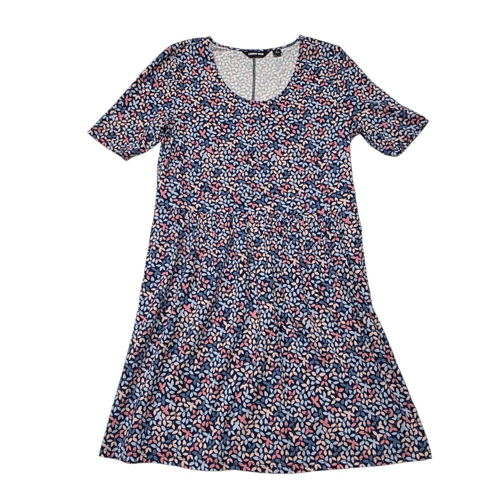 Lands End Fit and Flare Dress Womens L Blue Pink Floral Cotton Blend Pockets